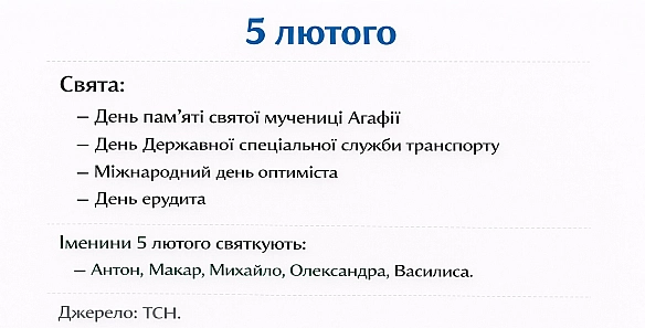 5 лютогоСвята: — День Державної спеціальної служби транспорту— Міжнародний день оптиміста— День ерудитаУ церковному календар... - Анонім 2008 on we.ua