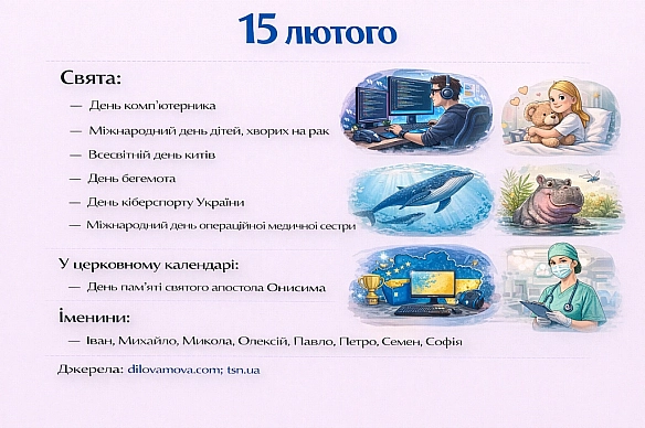 15 лютогоСвята:— День комп’ютерника— Міжнародний день дітей, хворих на рак— Всесвітній день китів— День бегемота— День кі... - Анонім 2008 on we.ua