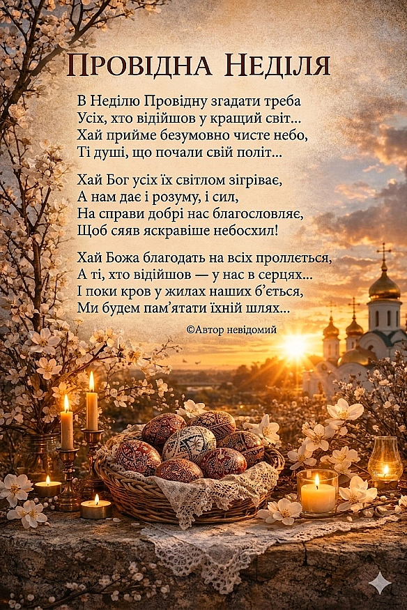 ПРОВІДНА НЕДІЛЯВ Неділю Провідну згадати треба Усіх, хто відійшов у кращий світ… Хай прийме безумовно чисте небо, Ті душі, ... - Наталя Шпирковська on we.ua